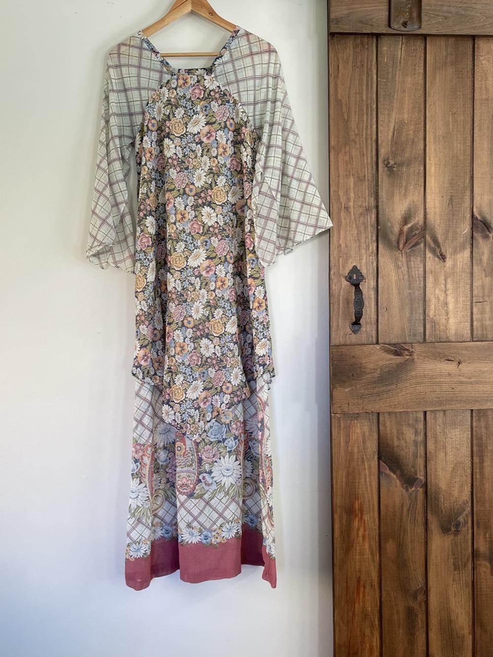 Vintage 70's Ceci California Floral & Plaid Flare Sleeve Maxi Prairie Dress XS